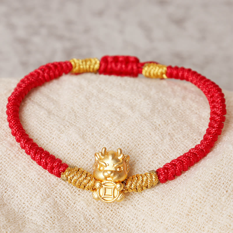 Buddhist Blessing 999 Sterling Silver Year of the Dragon Copper Coin Fortune Dragon Fu Character Luck Handcrafted Red String Braided Bracelet (Extra 30% Off | USE CODE: FS30)