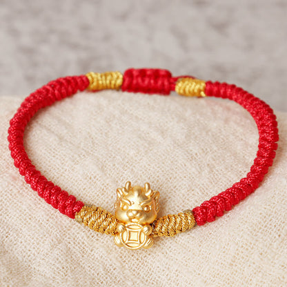 Buddhist Blessing 999 Sterling Silver Year of the Dragon Copper Coin Fortune Dragon Fu Character Luck Handcrafted Red String Braided Bracelet (Extra 30% Off | USE CODE: FS30)
