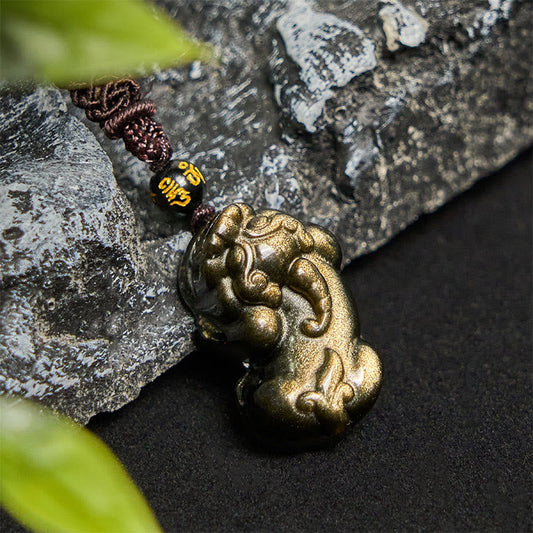Buddhist Blessing Gold Sheen Obsidian PiXiu Wealth Rope Necklace Pendant