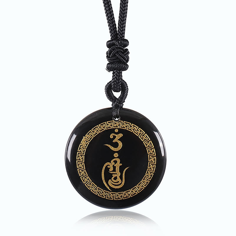 Buddhist Blessing Swastika Pattern Vajra Protection Mantra Natural Various Crystal Black Obsidian Purification Necklace Pendant