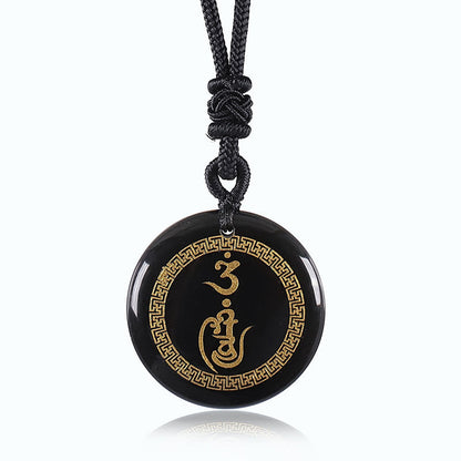 Buddhist Blessing Swastika Pattern Vajra Protection Mantra Natural Various Crystal Black Obsidian Purification Necklace Pendant