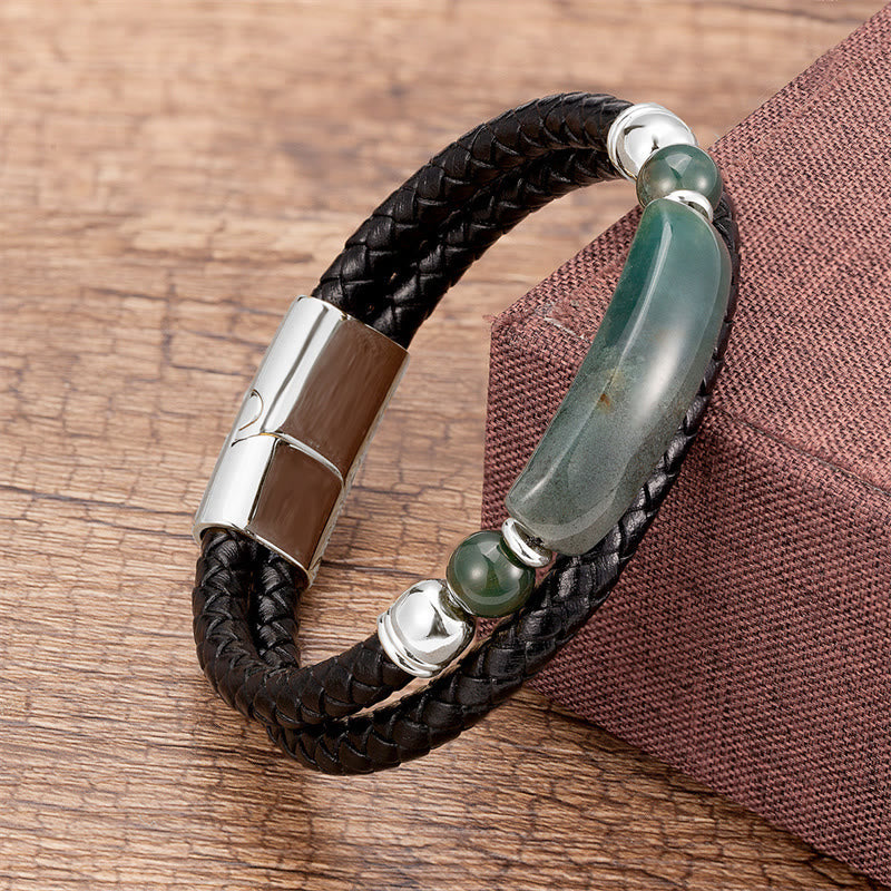 Buddhist Blessing Green Aventurine Tiger Eye Green Agate Black Onyx Hematite Stone Luck Leather Magnetic Buckle Bracelet