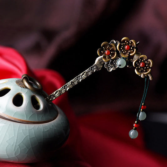 Buddhist Blessing Green Aventurine Red Agate Alloy Flowers Soothing Hairpin