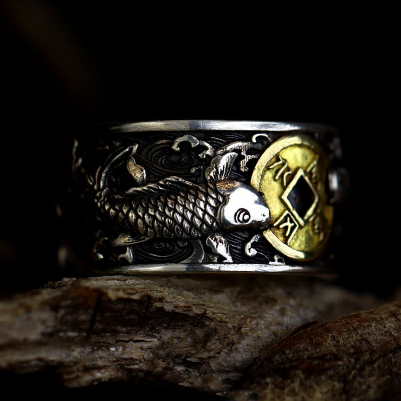 Buddhist Blessing Adjustable Opening 925 Sterling Silver Lucky Koi Fish Copper Coin Auspicious Clouds Wealth Ring