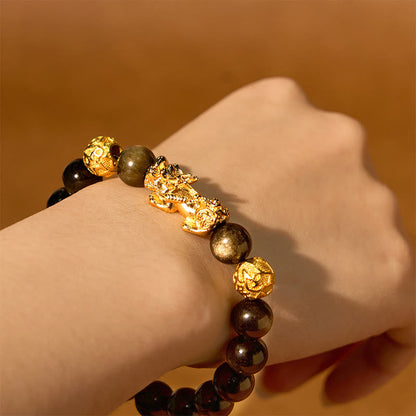 Buddhist Blessing Natural Gold Sheen Obsidian PiXiu Om Mani Padme Hum Wealth Bracelet
