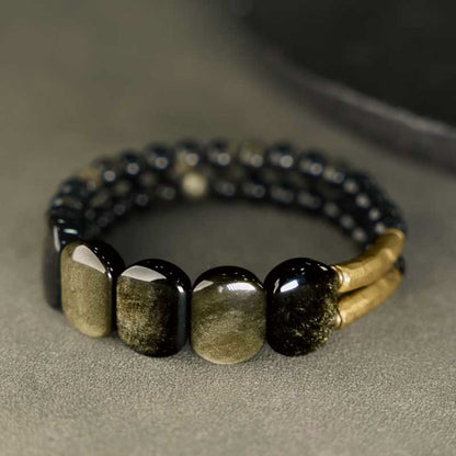 Buddhist Blessing Black Obsidian Gold Sheen Obsidian Strengthen Bracelet