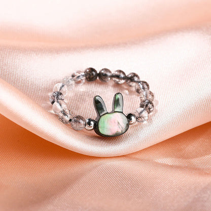 Buddhist Blessing 3mm Black Rutilated Quartz Tridacna Stone Rabbit Cat Ring