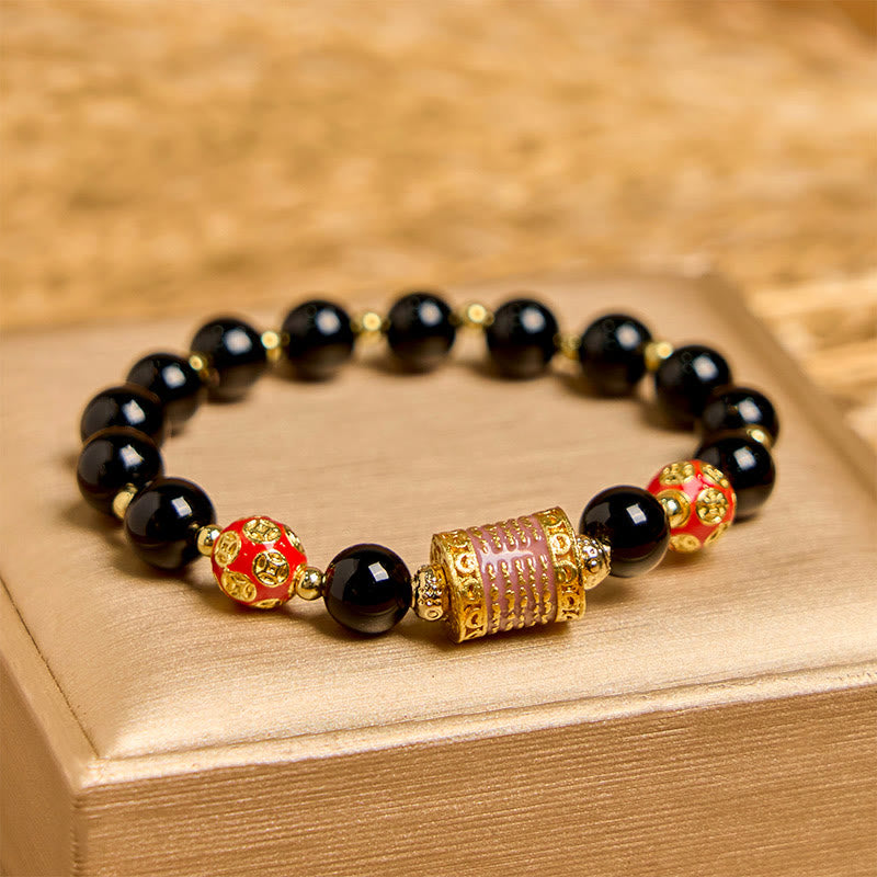 Buddhist Blessing Natural Black Onyx Five Scripture Copper Coins Fortune Bracelet