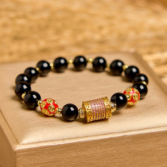 Buddhist Blessing Natural Black Onyx Five Scripture Copper Coins Fortune Bracelet