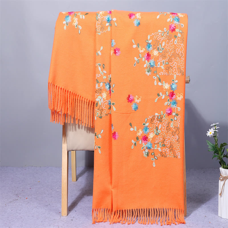Buddhist Blessing Rayon Fabric Shawl Colorful Small Flowers Embroidery Tassel Winter Cozy Travel Scarf Wrap
