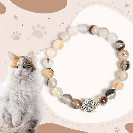 Buddhist Blessing 925 Sterling Silver Calico Cat Natural Agate Stone Protection Bracelet