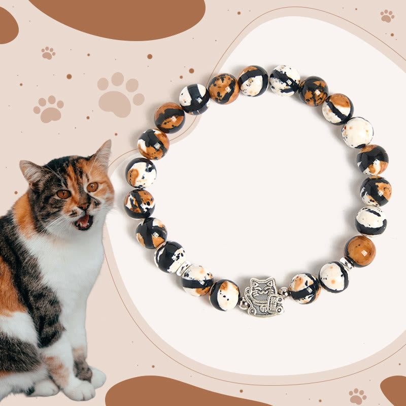 Buddhist Blessing 925 Sterling Silver Calico Cat Stone Bead Bracelet