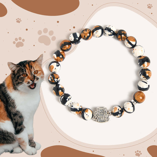 Buddhist Blessing 925 Sterling Silver Calico Cat Stone Bead Bracelet