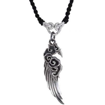 Buddhist Blessing 925 Sterling Silver Auspicious Clouds Wing Cotton Rope Deerskin Rope Necklace Pendant