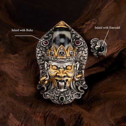 Buddhist Blessing 925 Sterling Silver Tibetan Zakiram Goddess of Wealth Dzi Bead Protection Necklace Pendant