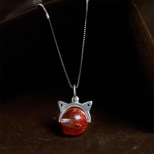 Buddhist Blessing 925 Sterling Silver Natural Red Super Seven Crystal Cat Necklace Pendant