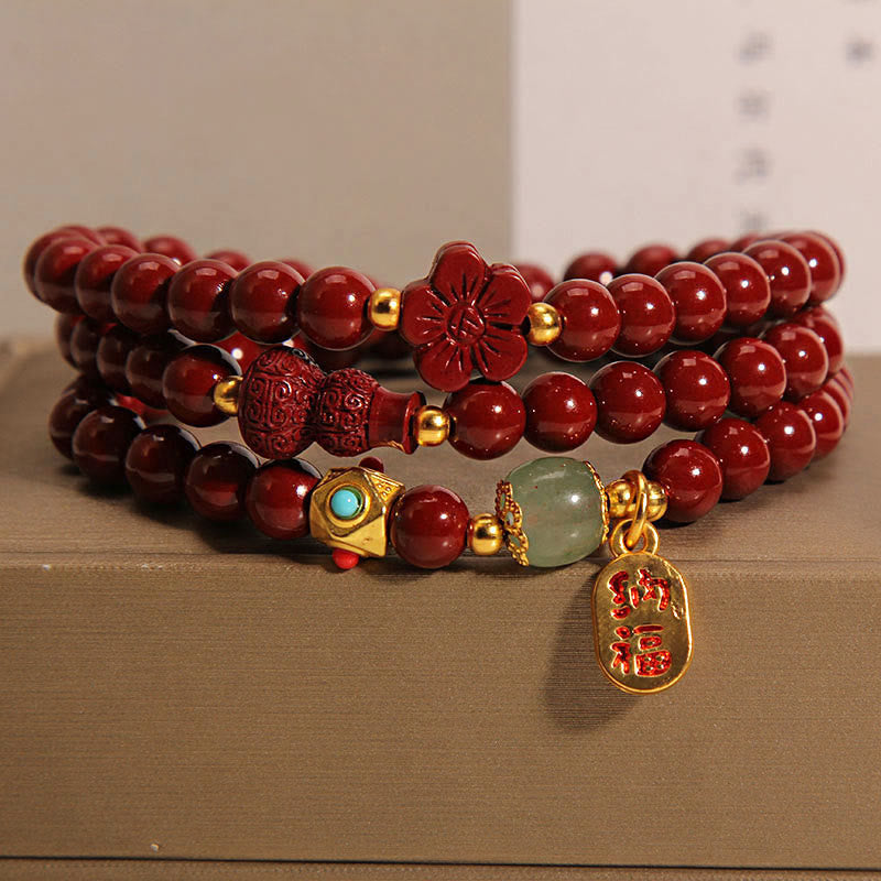 Buddhist Blessing Cinnabar Fu Character Flower Gourd Triple Wrap Blessing Bracelet