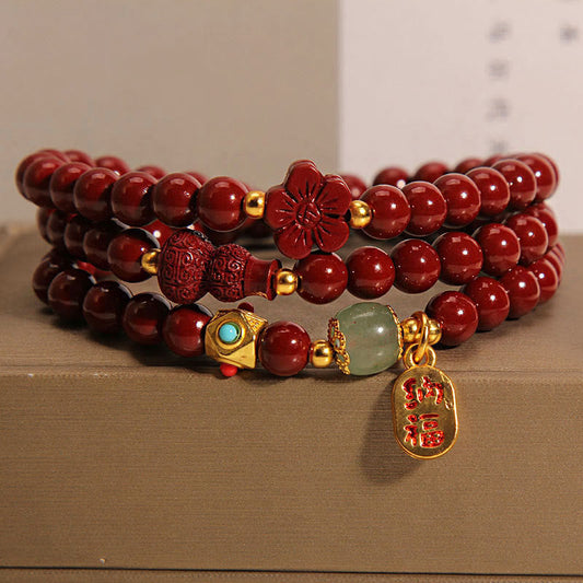 Buddhist Blessing Cinnabar Fu Character Flower Gourd Triple Wrap Blessing Bracelet
