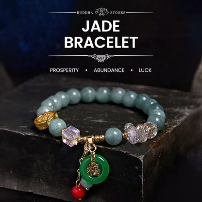 Buddhist Blessing Strawberry Quartz Jade Fu Character Charm Healing Bracelet