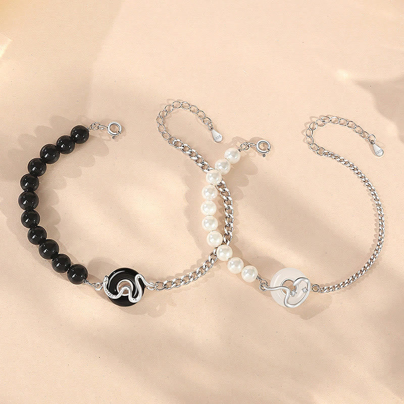 Buddhist Blessing Black Obsidian Black Onyx Chalcedony Peace Buckle 925 Sterling Silver Year Of The Snake Pearl Purification Couple's Bracelet