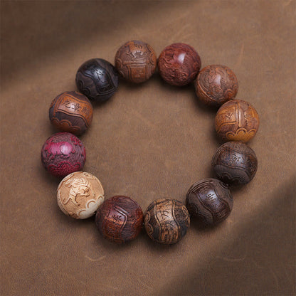 Buddhist Blessing Carving Sandalwood Chinese Zodiac Auspicious Dragon Phoenix Fu Character Healing Bracelet