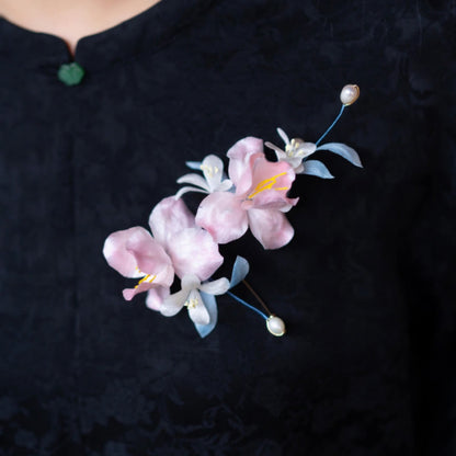 Buddhist Blessing Handmade Velvet Flower Mulberry Silk Pink Iris Vine Brooch Hairpin
