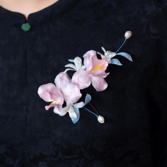 Buddhist Blessing Handmade Velvet Flower Mulberry Silk Pink Iris Vine Brooch Hairpin