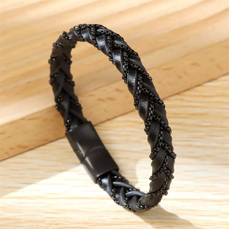 Buddhist Blessing Simple Design Titanium Steel Calm Braided Leather Buckle Bracelet