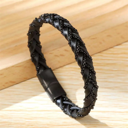 Buddhist Blessing Simple Design Titanium Steel Calm Braided Leather Buckle Bracelet