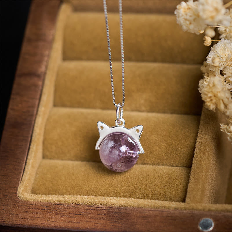 Buddhist Blessing 925 Sterling Silver Natural Rainbow Amethyst Cat Positive Necklace Pendant