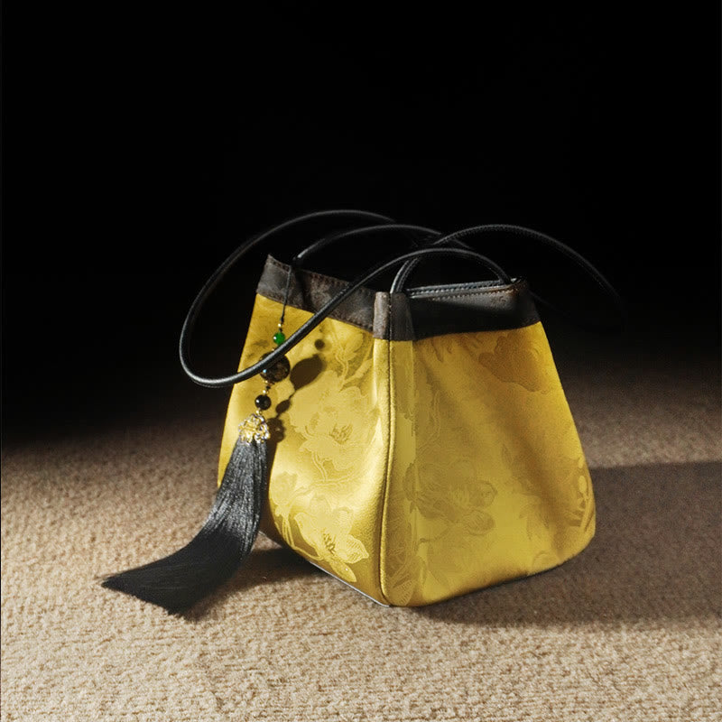 Buddhist Blessing Retro Flower Butterfly Bird Embroidery Bead Tassel Mulberry Silk Jacquard Xiangyunsha Silk Shoulder Bag Hangbags