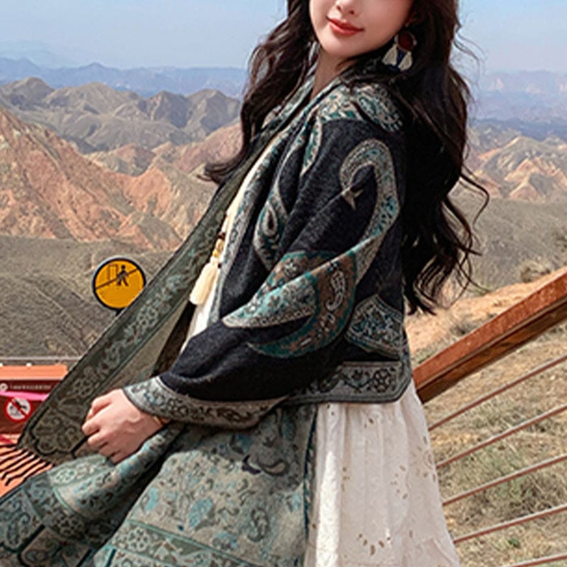 Buddhist Blessing Tibetan Cashew Flower Tassel Shawl Fall Winter Cozy Travel Scarf Wrap