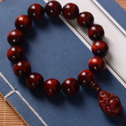 Buddhist Blessing Small Leaf Red Sandalwood Laughing Buddha God of Wealth Protection Bracelet