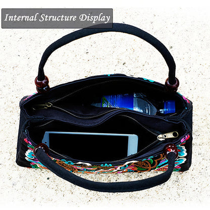 Buddhist Blessing Galsang Inula Flower Peony Peacock Double-Sided Embroidery Canvas Shopping Purse Handbag