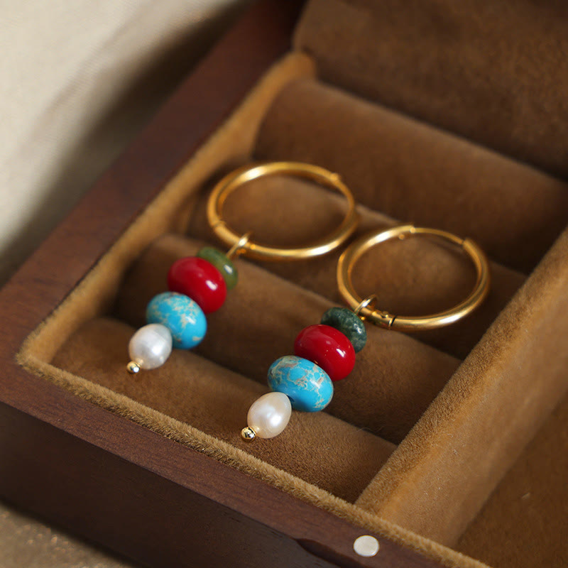 Buddhist Blessing Tibetan Marnyi Stone Design Natural Red Agate Pearl Confidence Titanium Steel Earrings