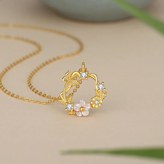 Buddhist Blessing 925 Sterling Silver Cubic Zirconia Shell Butterfly Peach Blossom Blessing Necklace Pendant