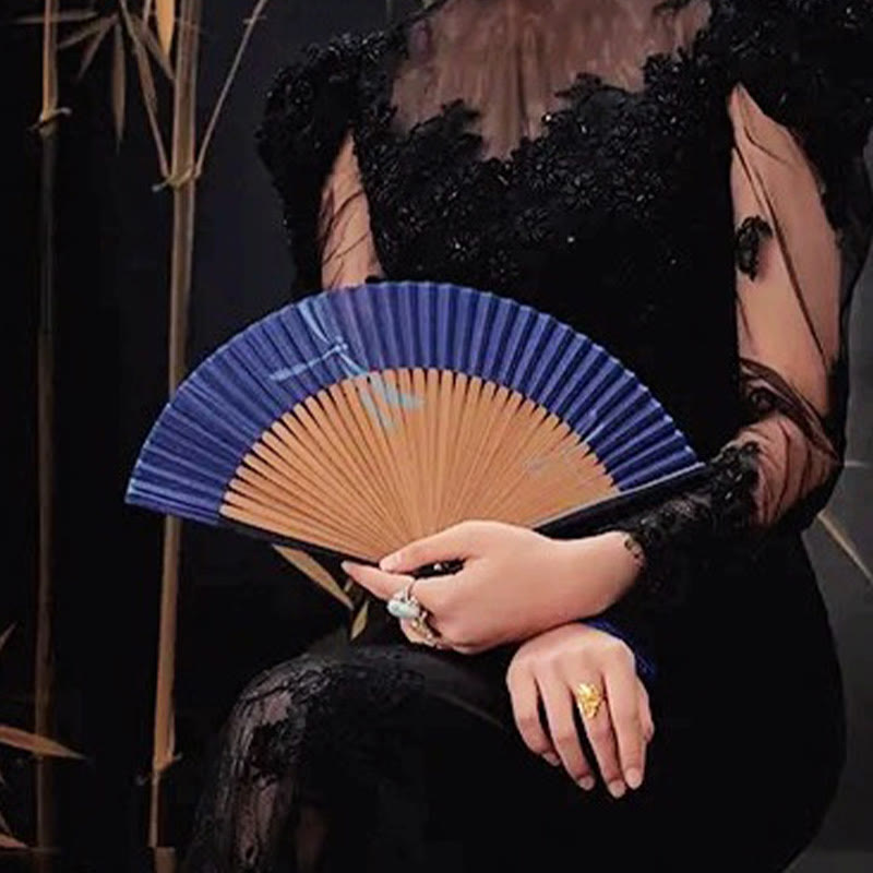 Buddhist Blessing Dragonfly Handheld Polyester Tassel Bamboo Folding Fan 22cm