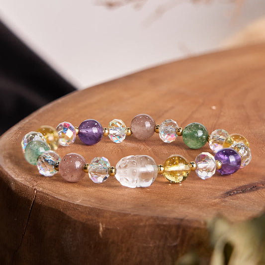 Buddhist Blessing PiXiu White Crystal Citrine Green Strawberry Quartz Amethyst Luck Bracelet