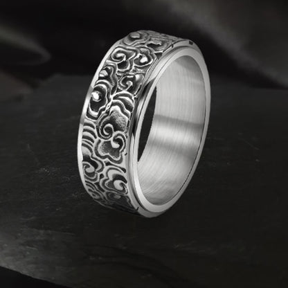 Buddhist Blessing Auspicious Clouds Pattern Carved Titanium Steel Balance Rotatable Ring