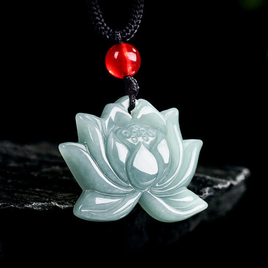 Buddhist Blessing Lotus Flower Pattern Carved Jade Prosperity Necklace Pendant