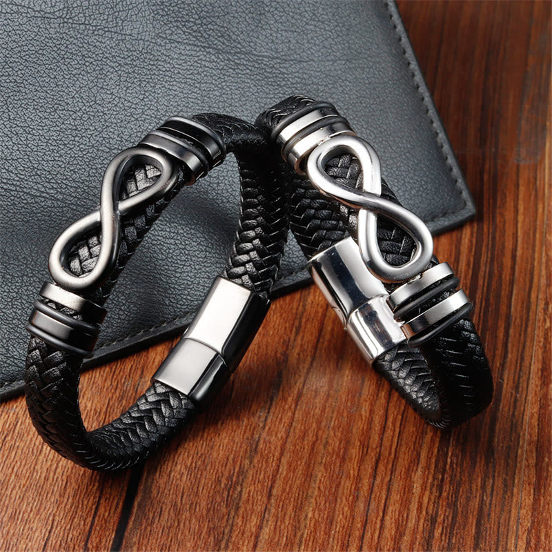 Buddhist Blessing Endless Knot Design Titanium Steel Strengthen Braided Leather Buckle Bracelet