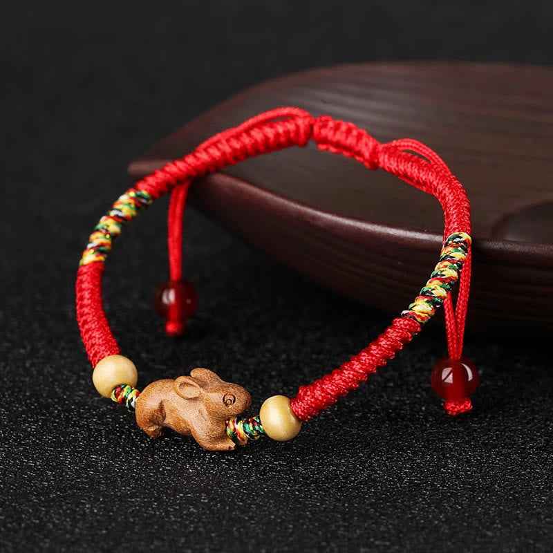 Buddhist Blessing Handmade Chinese Zodiac Red String Peach Wood Luck Bracelet