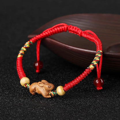 Buddhist Blessing Handmade Chinese Zodiac Red String Peach Wood Luck Bracelet