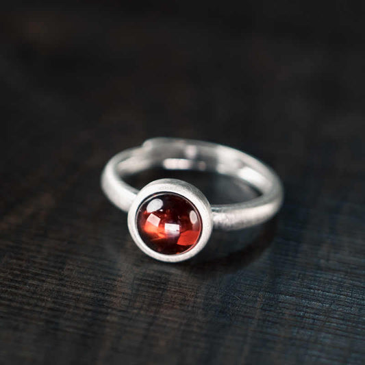 Buddhist Blessing Natural 925 Sterling Silver Garnet Adjustable Protection Ring