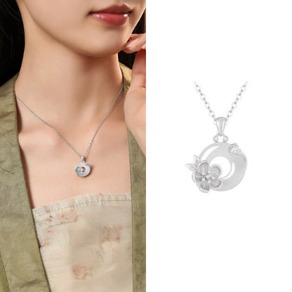 Buddhist Blessing Chalcedony 925 Sterling Silver Peace Buckle Flowers Necklace Pendant