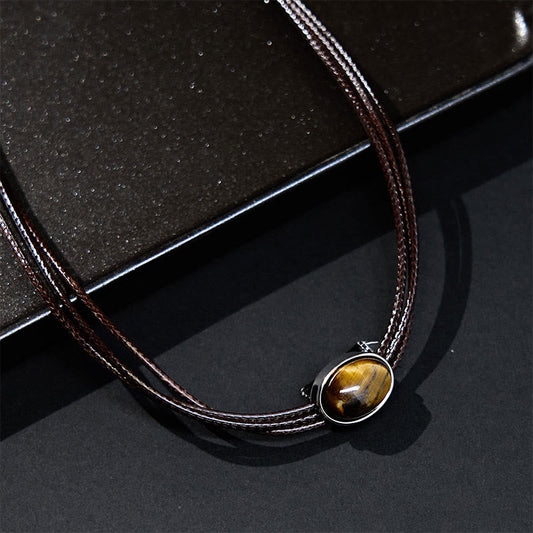 Buddhist Blessing Natural Tiger Eye Ellipse Protection Wax Rope Necklace Pendant