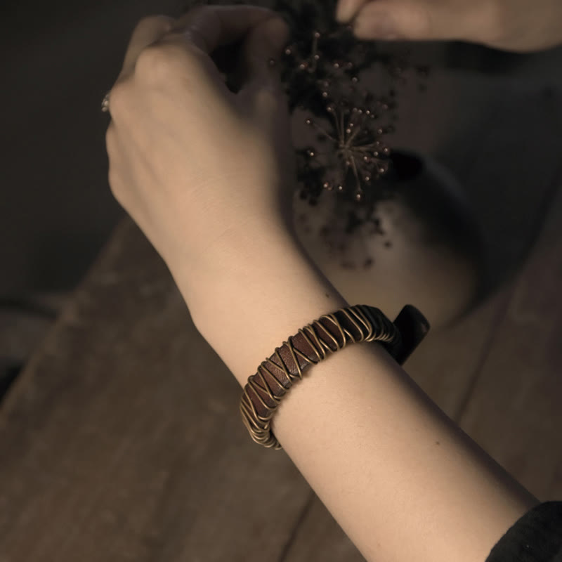 Buddhist Blessing Vintage Leather Copper Brass Wire Wrap Balance Bracelet