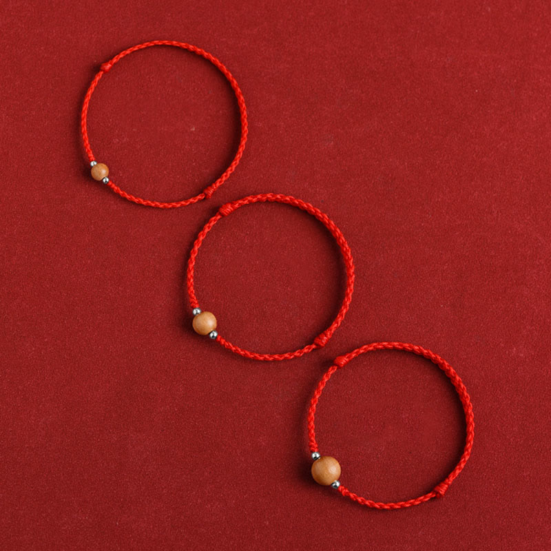 Buddhist Blessing Natural Peach Wood Bead Luck Braided Bracelet Anklet