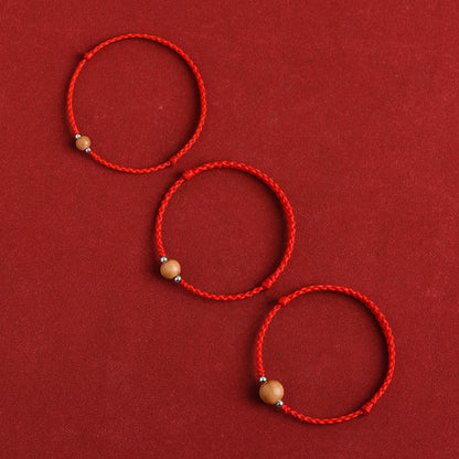 Buddhist Blessing Natural Peach Wood Bead Luck Braided Bracelet Anklet