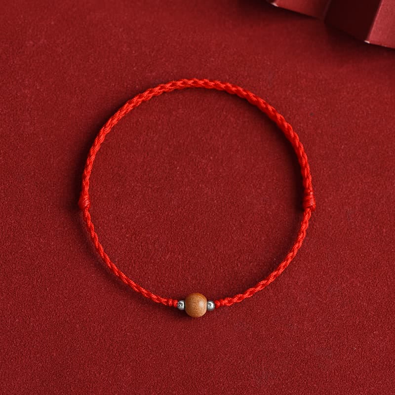 Buddhist Blessing Natural Peach Wood Bead Luck Braided Bracelet Anklet